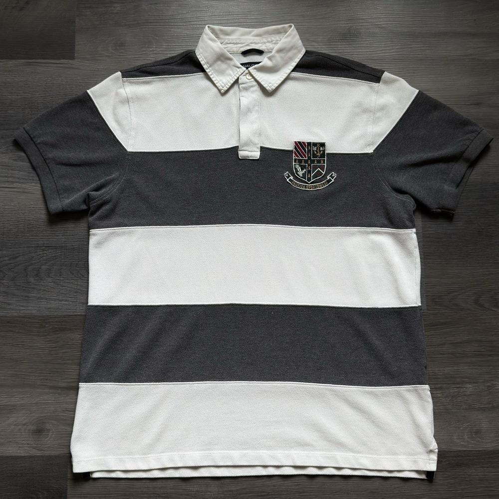 Vintage Nautica Sportswear Striped Rugby Polo Shirt Mens L Crest Emblem Flag